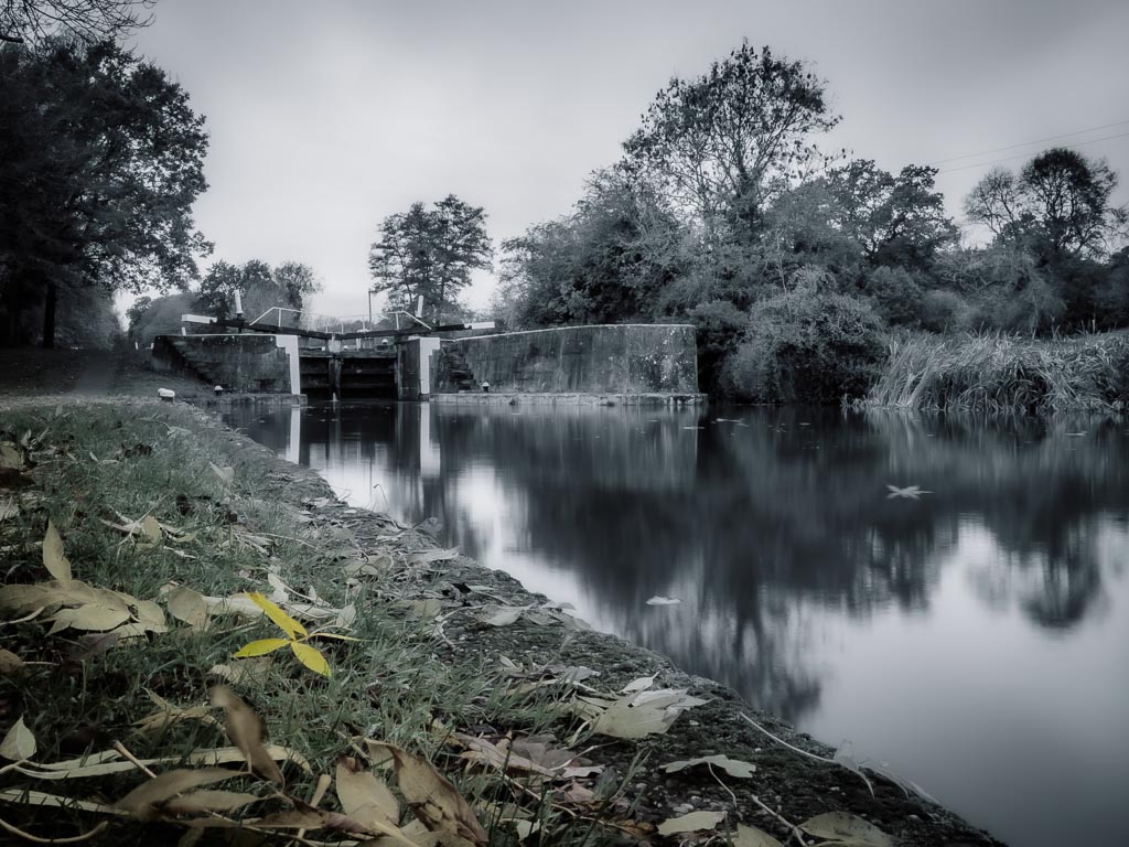 Landscape photograph — Black and white view of lock at Hatton Locks, Warwick Sepia