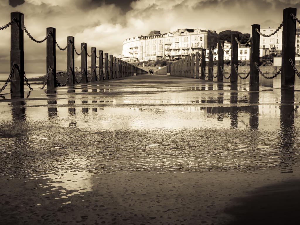 Landscape photograph — Black and white view Marine Lake bridge Weston-super-Mare Somerset