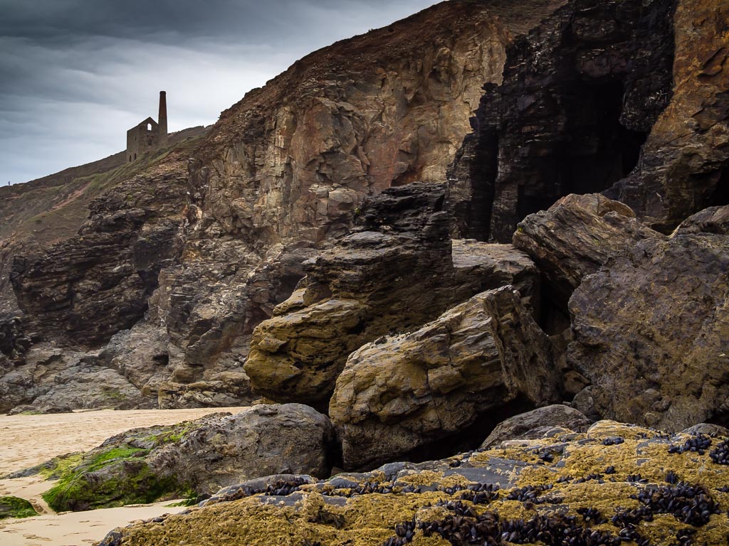 Landscape photograph — Porthtowan beach view of Towanroath pumping engine house Chapel Porth Cornwall